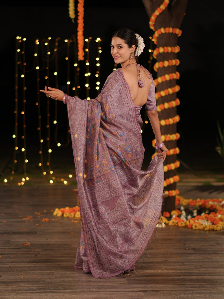 Purple PV Cotton Khadi Saree with Intricate Floral Motifs and Unstitched Blouse