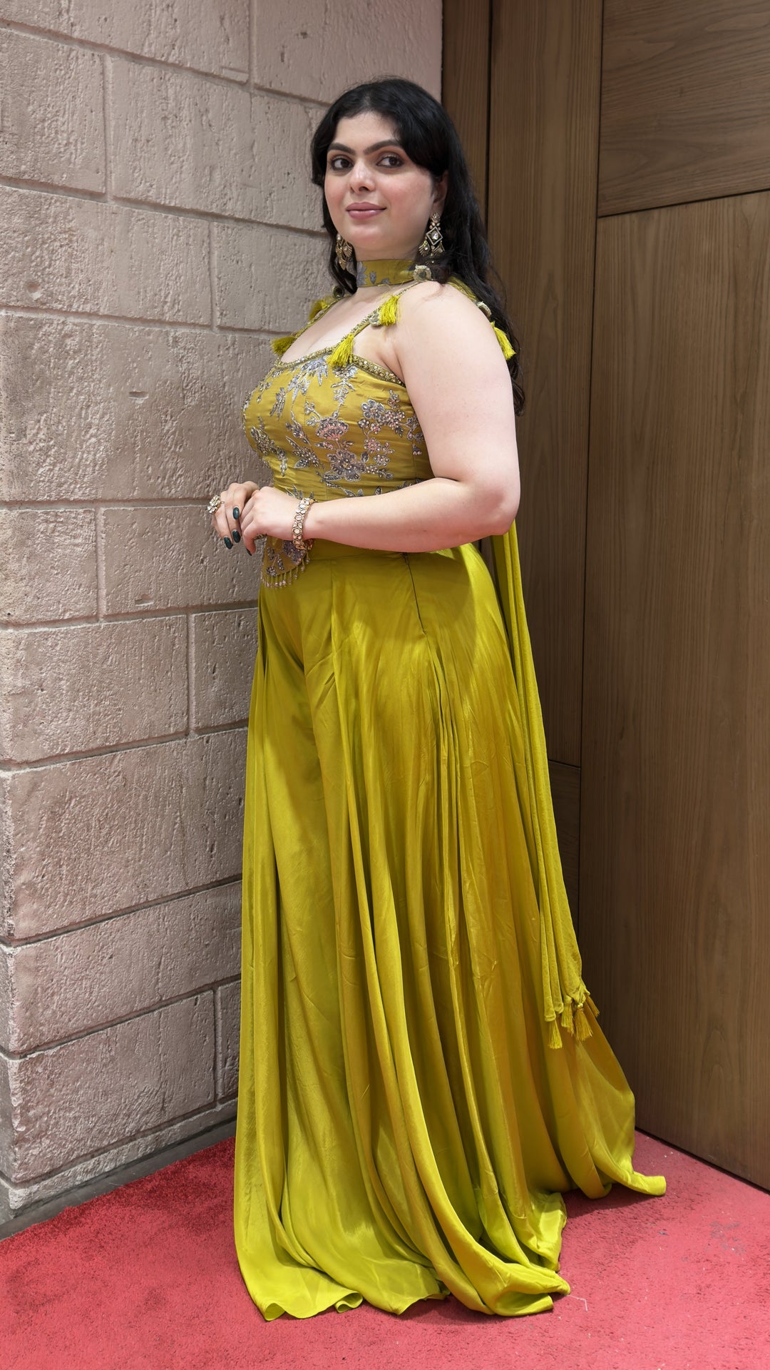 Lime Green Embroidered Corset Top with Flared Palazzo Set & Choker