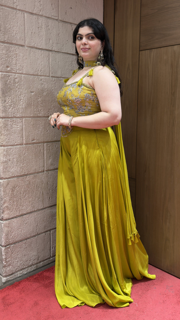 Lime Green Embroidered Corset Top with Flared Palazzo Set & Choker
