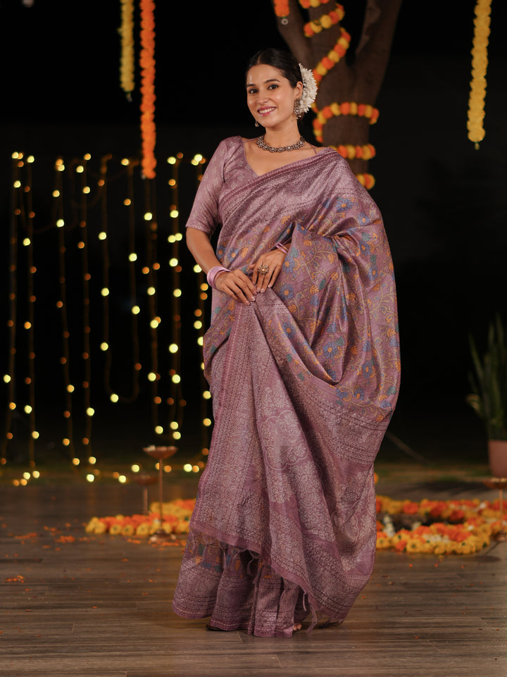 Purple PV Cotton Khadi Saree with Intricate Floral Motifs and Unstitched Blouse