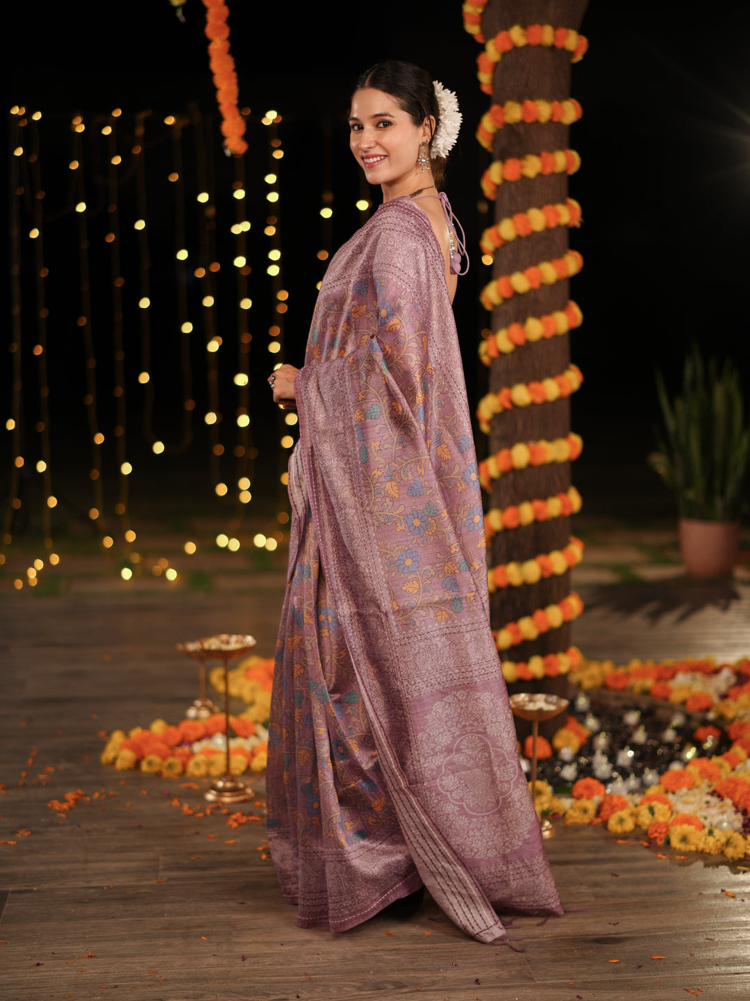 Purple PV Cotton Khadi Saree with Intricate Floral Motifs and Unstitched Blouse