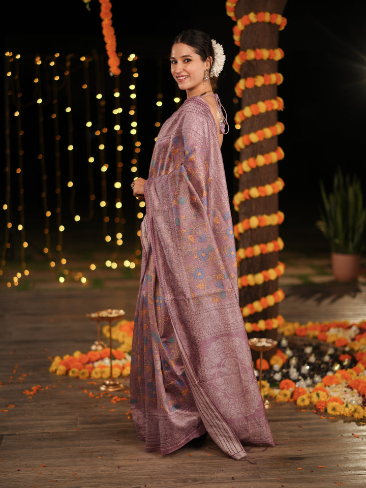 Purple PV Cotton Khadi Saree with Intricate Floral Motifs and Unstitched Blouse