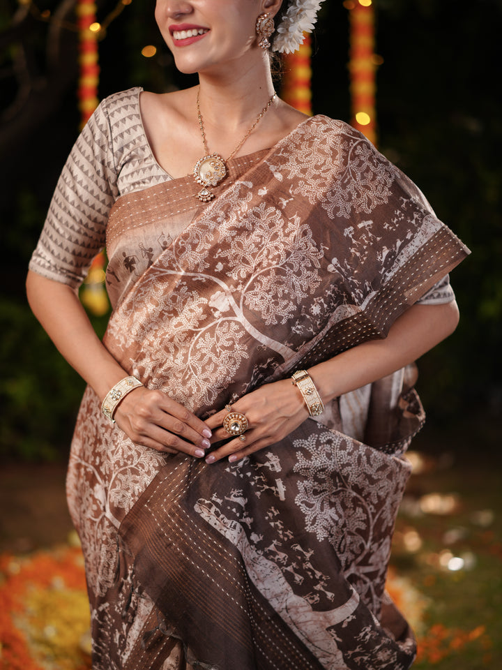 Brown PV Cotton Khadi Saree with Intricate Floral Prints and Unstitched Blouse