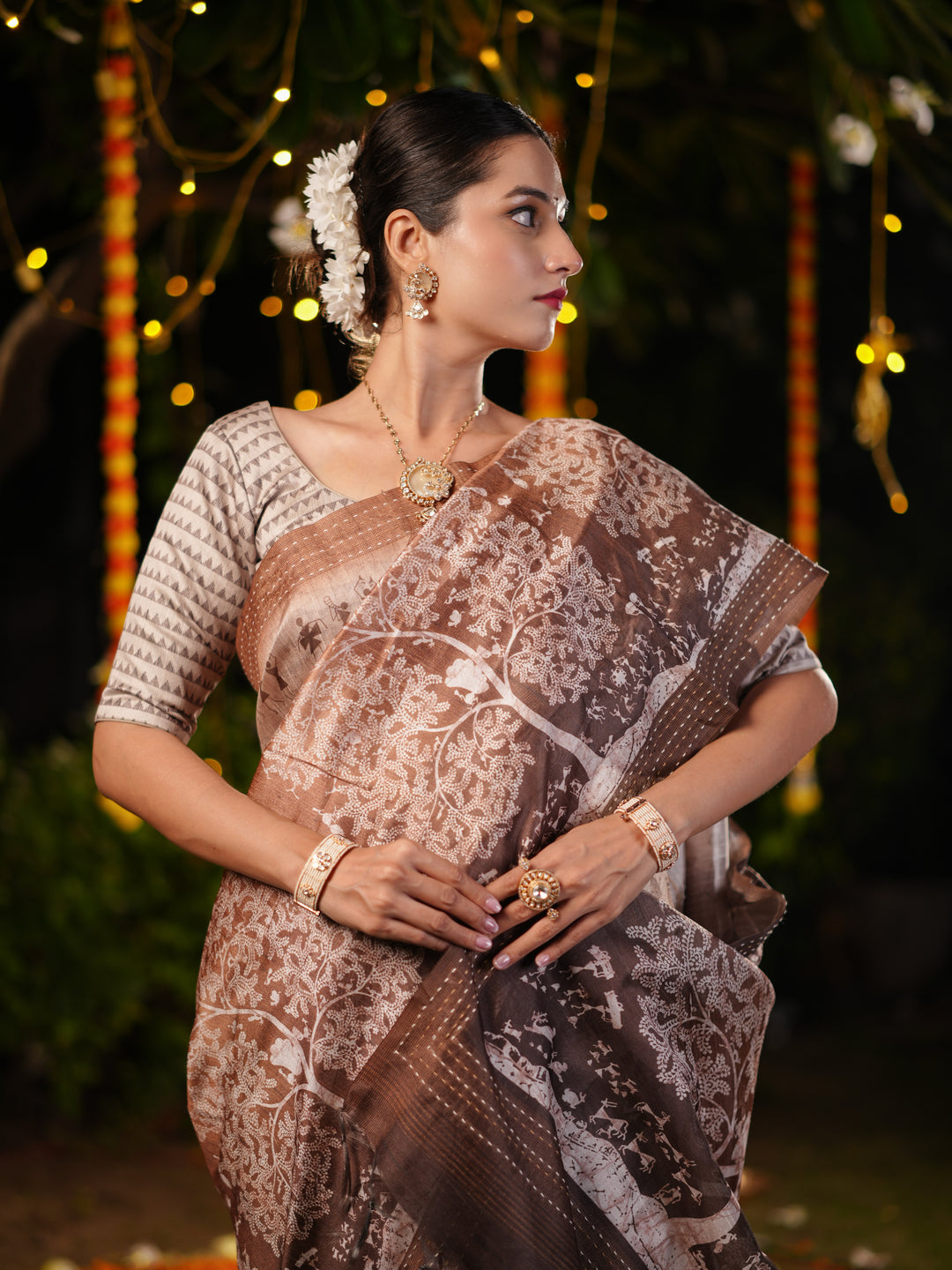 Brown PV Cotton Khadi Saree with Intricate Floral Prints and Unstitched Blouse