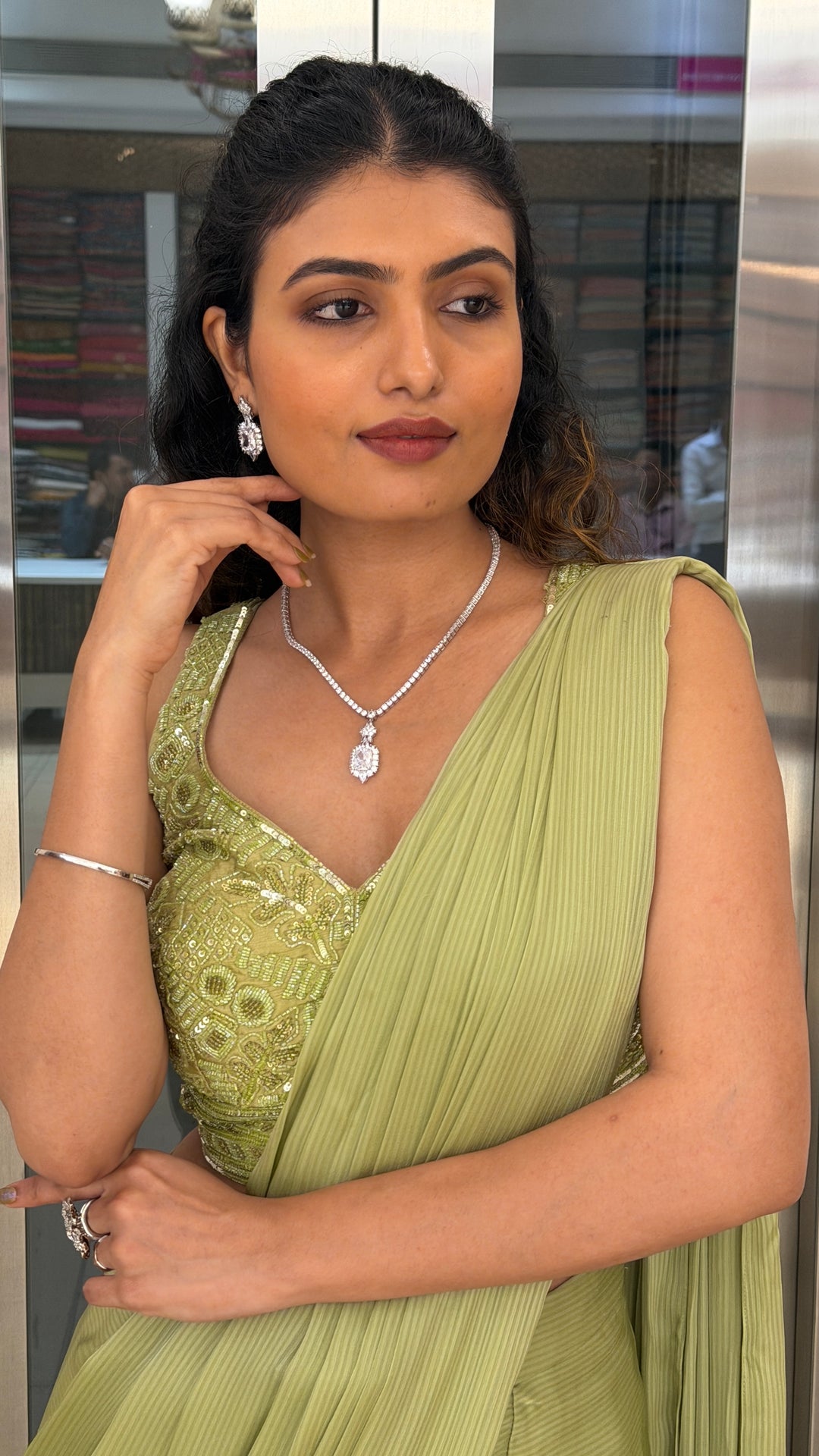 Olive Green Ready-to-Wear Pleated Saree