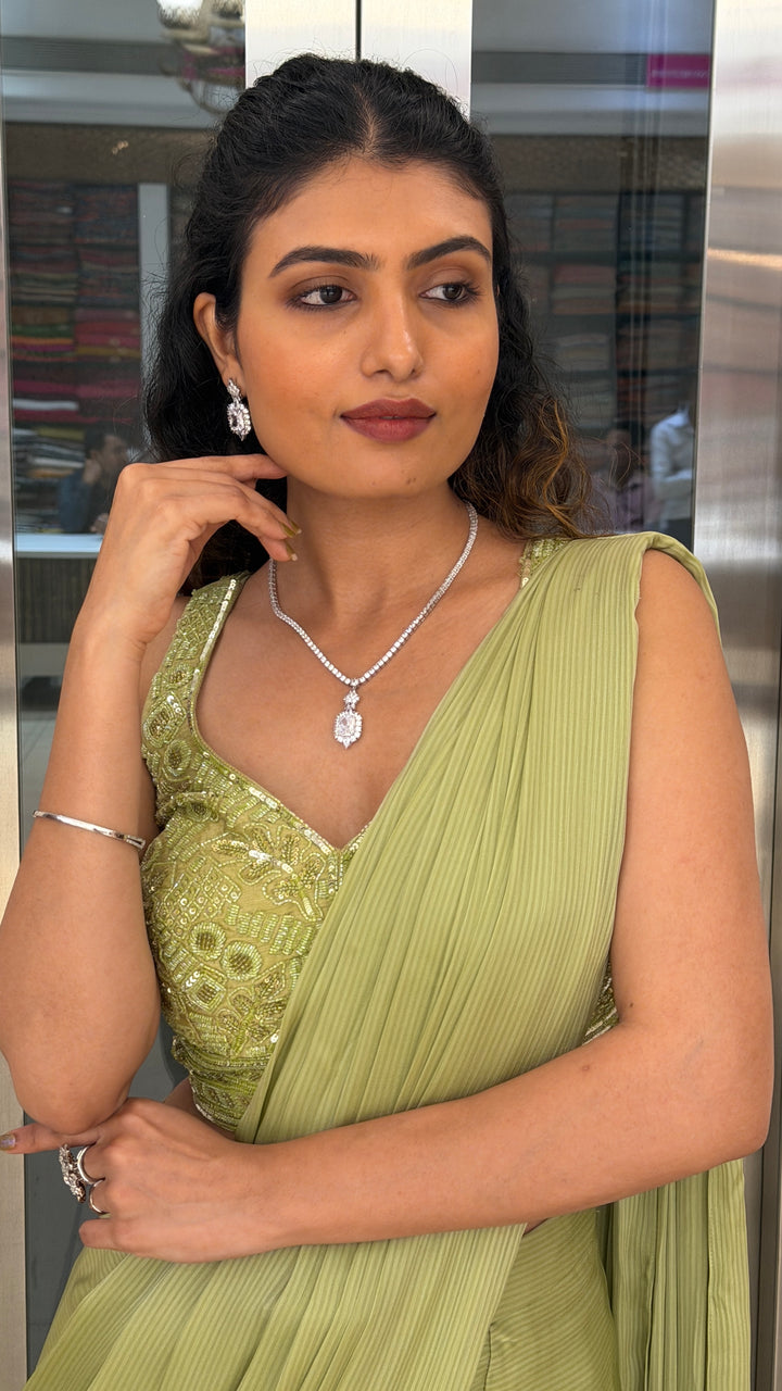 Olive Green Ready-to-Wear Pleated Saree