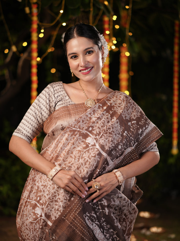 Brown PV Cotton Khadi Saree with Intricate Floral Prints and Unstitched Blouse
