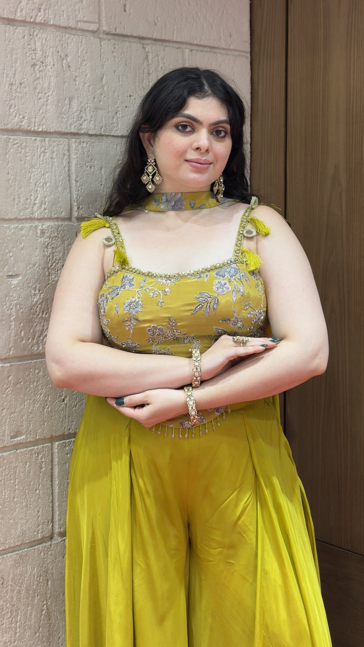 Lime Green Embroidered Corset Top with Flared Palazzo Set & Choker