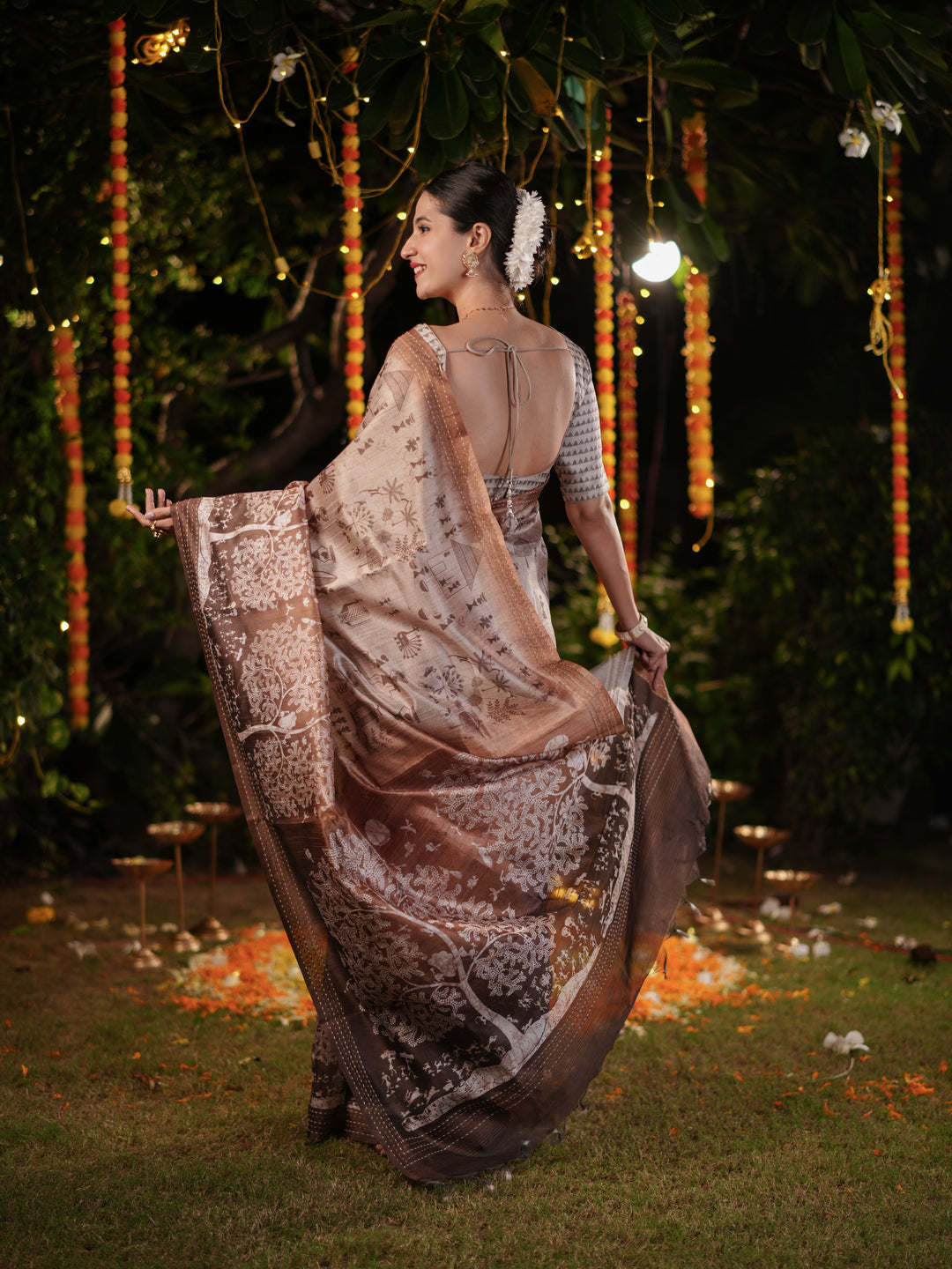 Brown PV Cotton Khadi Saree with Intricate Floral Prints and Unstitched Blouse