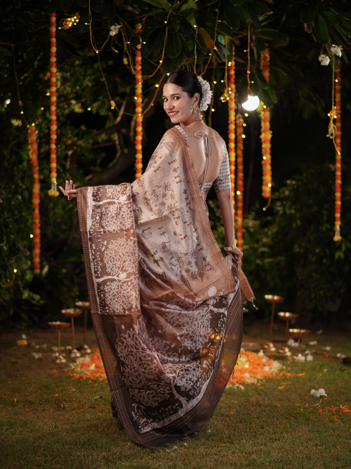 Brown PV Cotton Khadi Saree with Intricate Floral Prints and Unstitched Blouse