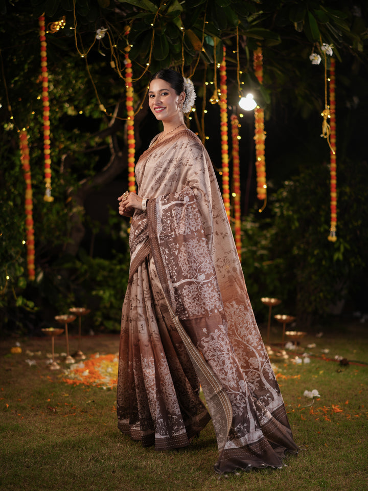 Brown PV Cotton Khadi Saree with Intricate Floral Prints and Unstitched Blouse