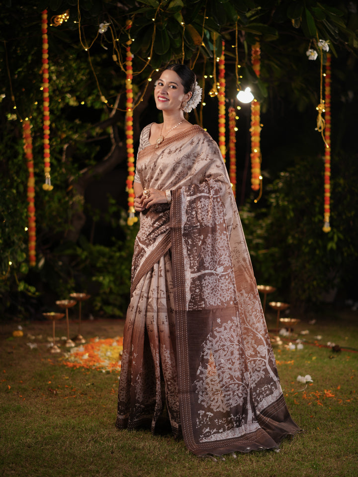 Brown PV Cotton Khadi Saree with Intricate Floral Prints and Unstitched Blouse