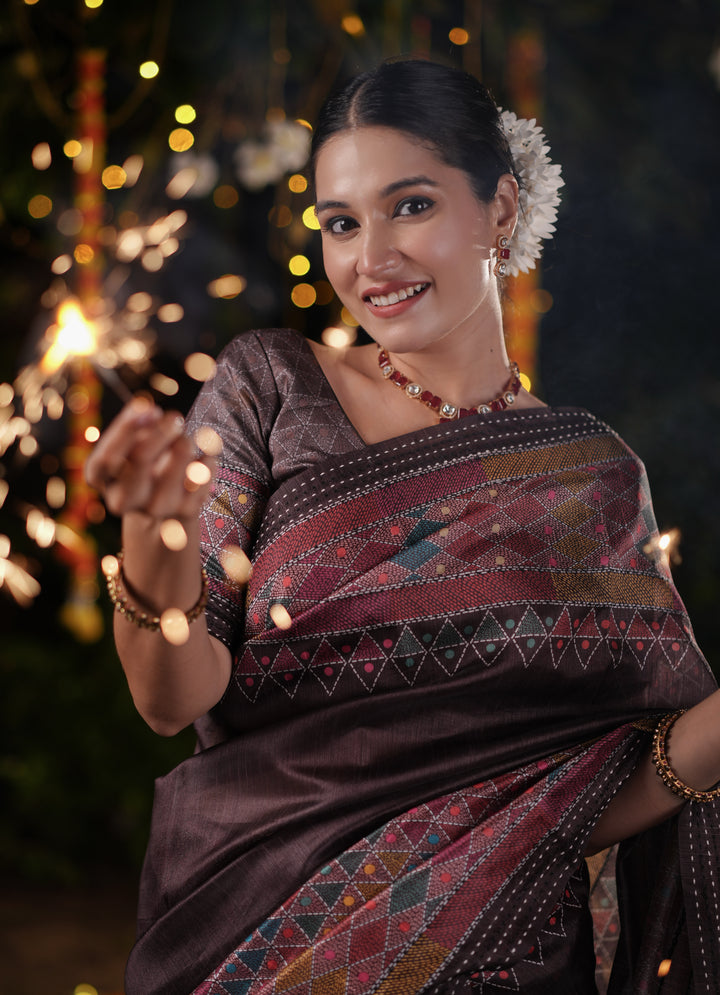 Maroon and Brown PV Cotton Khadi Saree with Geometric Print and Unstitched Blouse