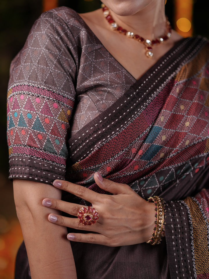 Maroon and Brown PV Cotton Khadi Saree with Geometric Print and Unstitched Blouse