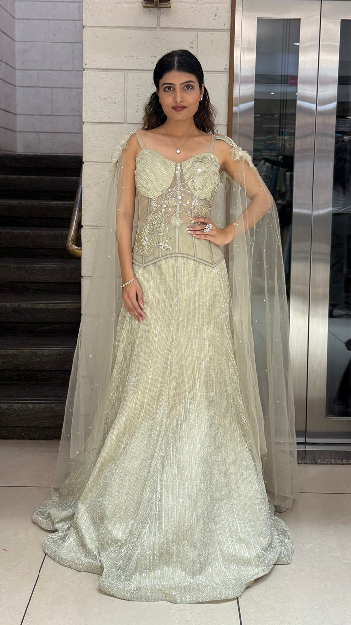 Champagne Gold Designer Lehenga Set with Embroidered Corset Blouse & Sheer Cape Dupatta