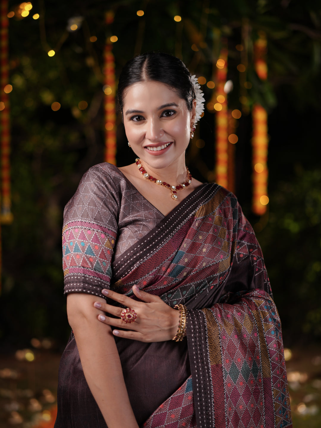Maroon and Brown PV Cotton Khadi Saree with Geometric Print and Unstitched Blouse