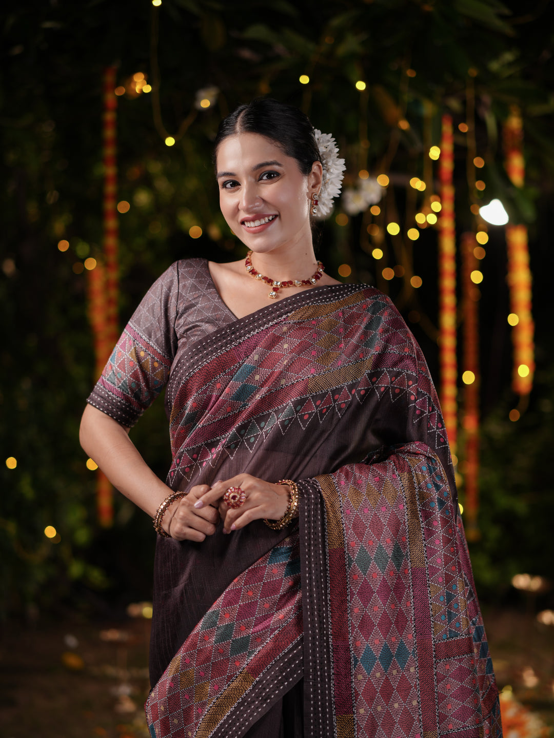 Maroon and Brown PV Cotton Khadi Saree with Geometric Print and Unstitched Blouse
