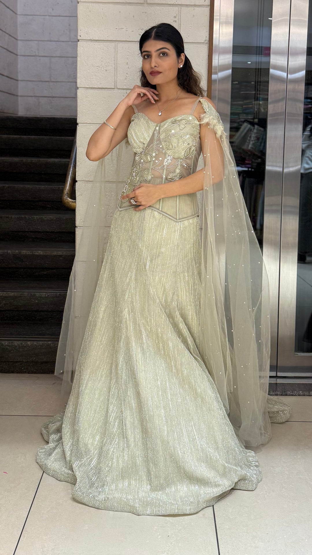 Champagne Gold Designer Lehenga Set with Embroidered Corset Blouse & Sheer Cape Dupatta