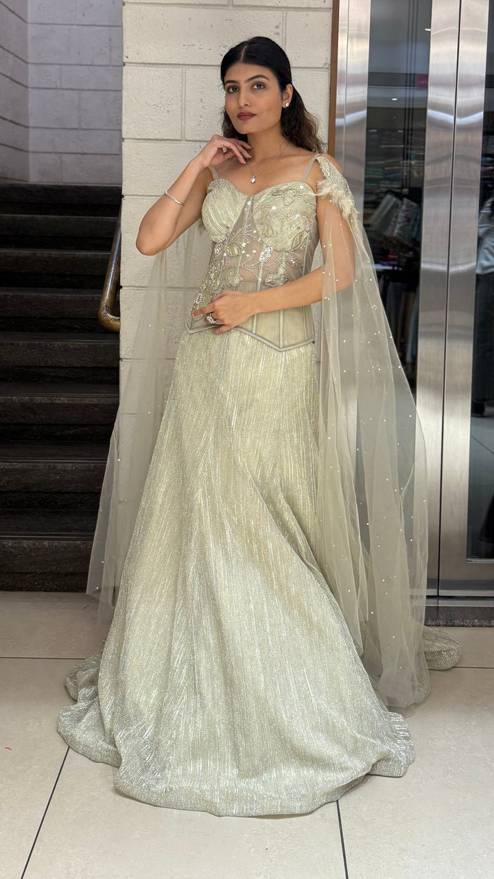 Champagne Gold Designer Lehenga Set with Embroidered Corset Blouse & Sheer Cape Dupatta