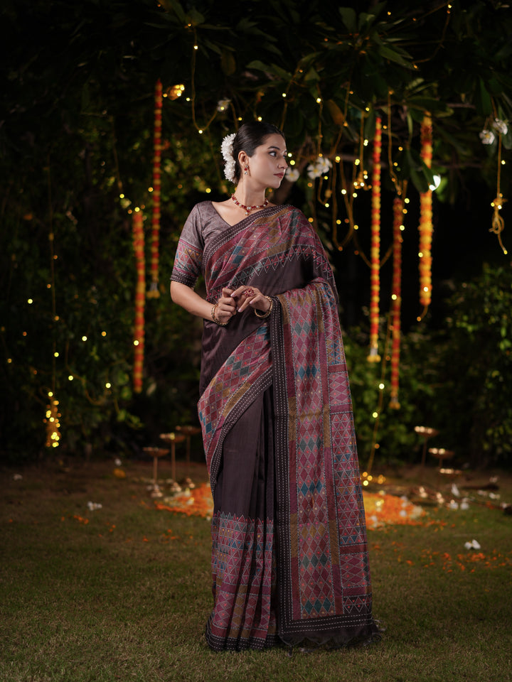 Maroon and Brown PV Cotton Khadi Saree with Geometric Print and Unstitched Blouse