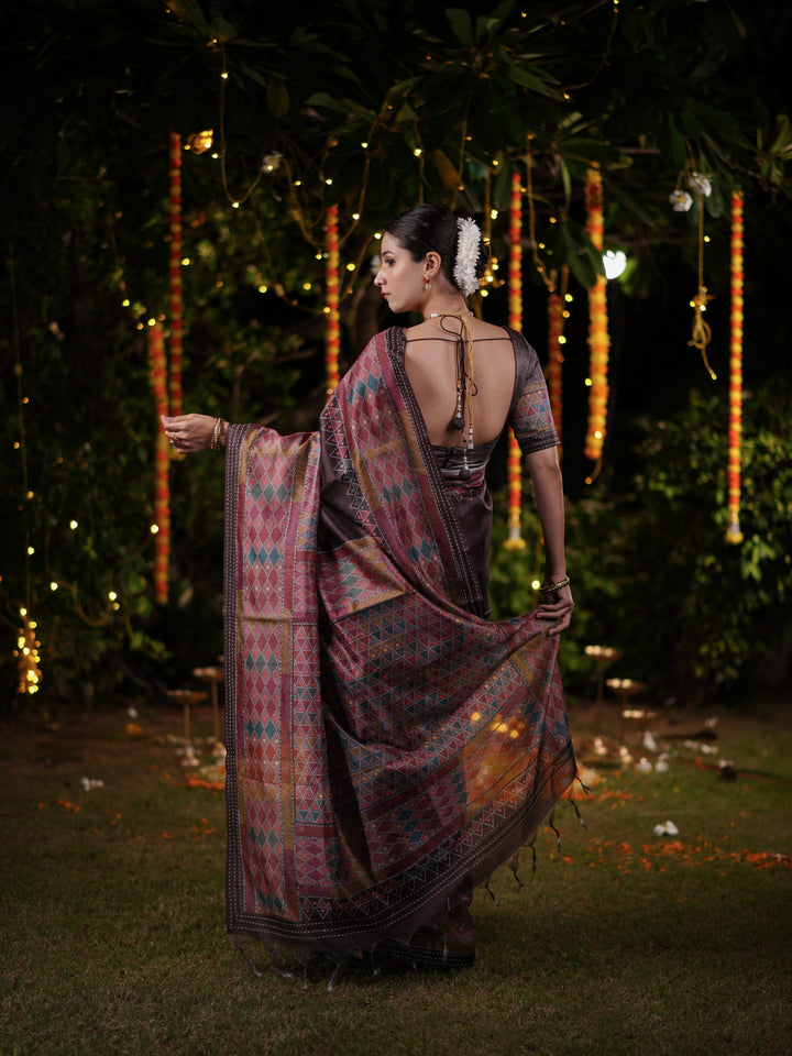 Maroon and Brown PV Cotton Khadi Saree with Geometric Print and Unstitched Blouse