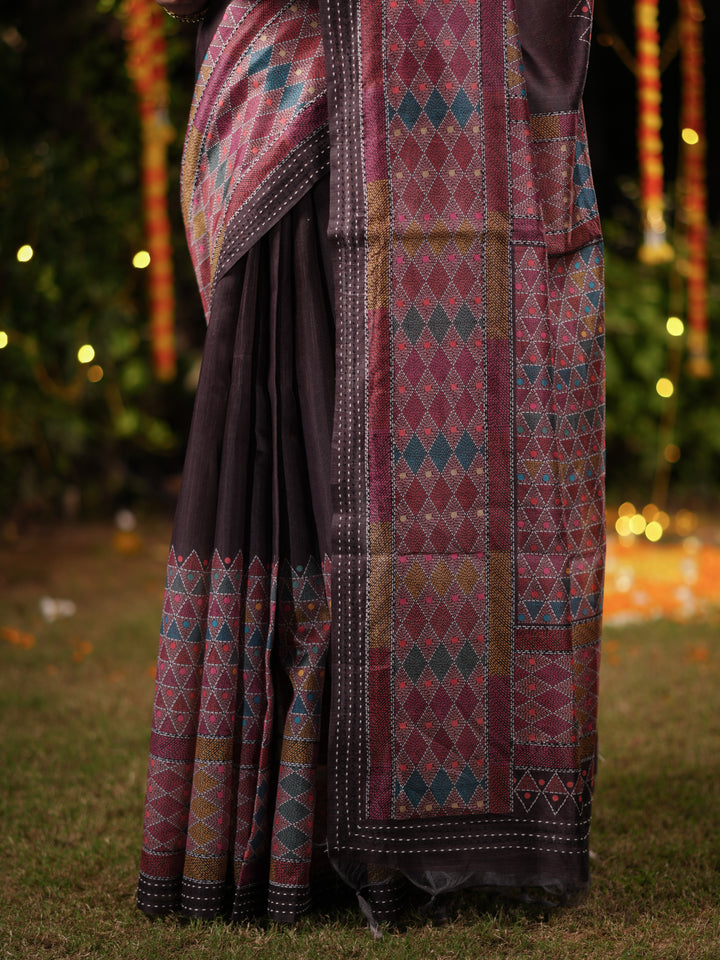 Maroon and Brown PV Cotton Khadi Saree with Geometric Print and Unstitched Blouse