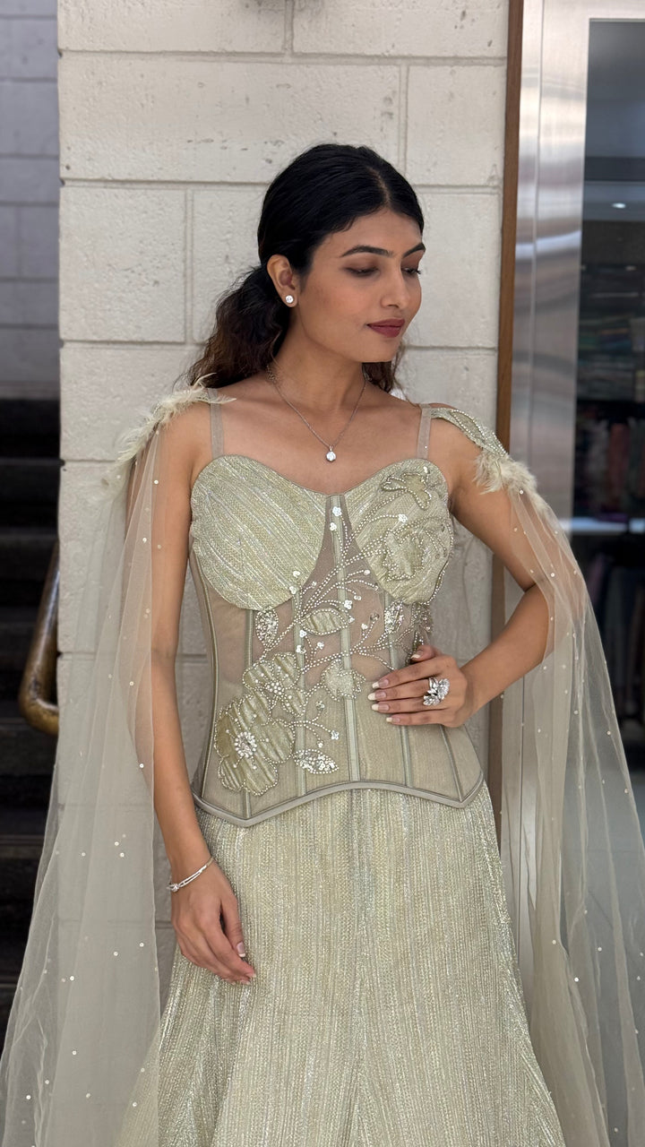 Champagne Gold Designer Lehenga Set with Embroidered Corset Blouse & Sheer Cape Dupatta