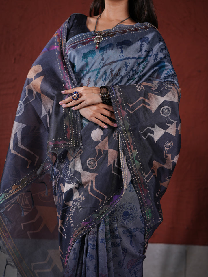 Charcoal Grey PV Cotton Khadi Saree with Traditional Warli Prints Unstitched Blouse