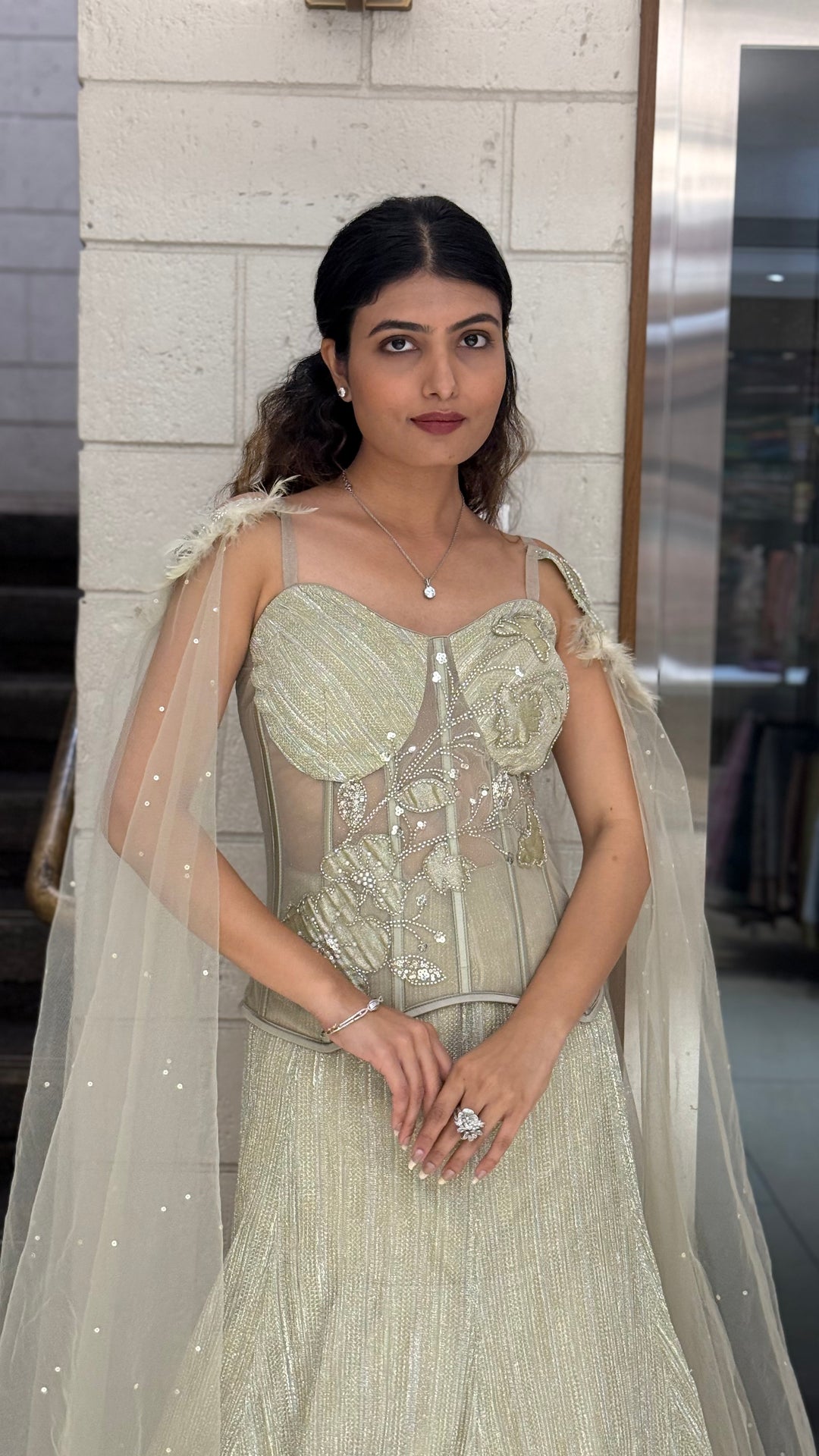 Champagne Gold Designer Lehenga Set with Embroidered Corset Blouse & Sheer Cape Dupatta