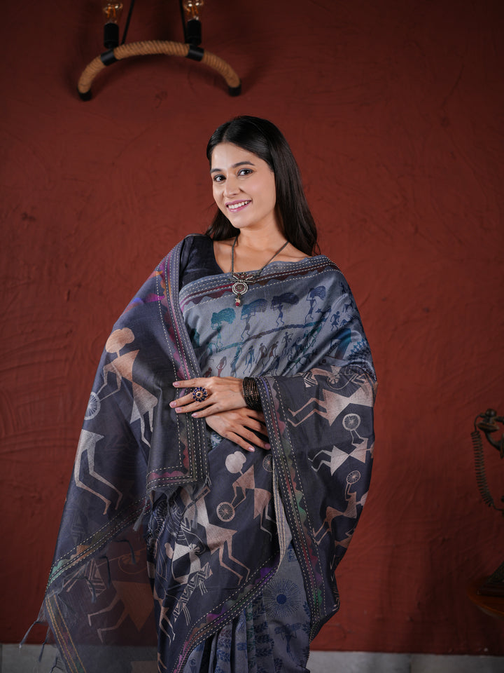 Charcoal Grey PV Cotton Khadi Saree with Traditional Warli Prints Unstitched Blouse