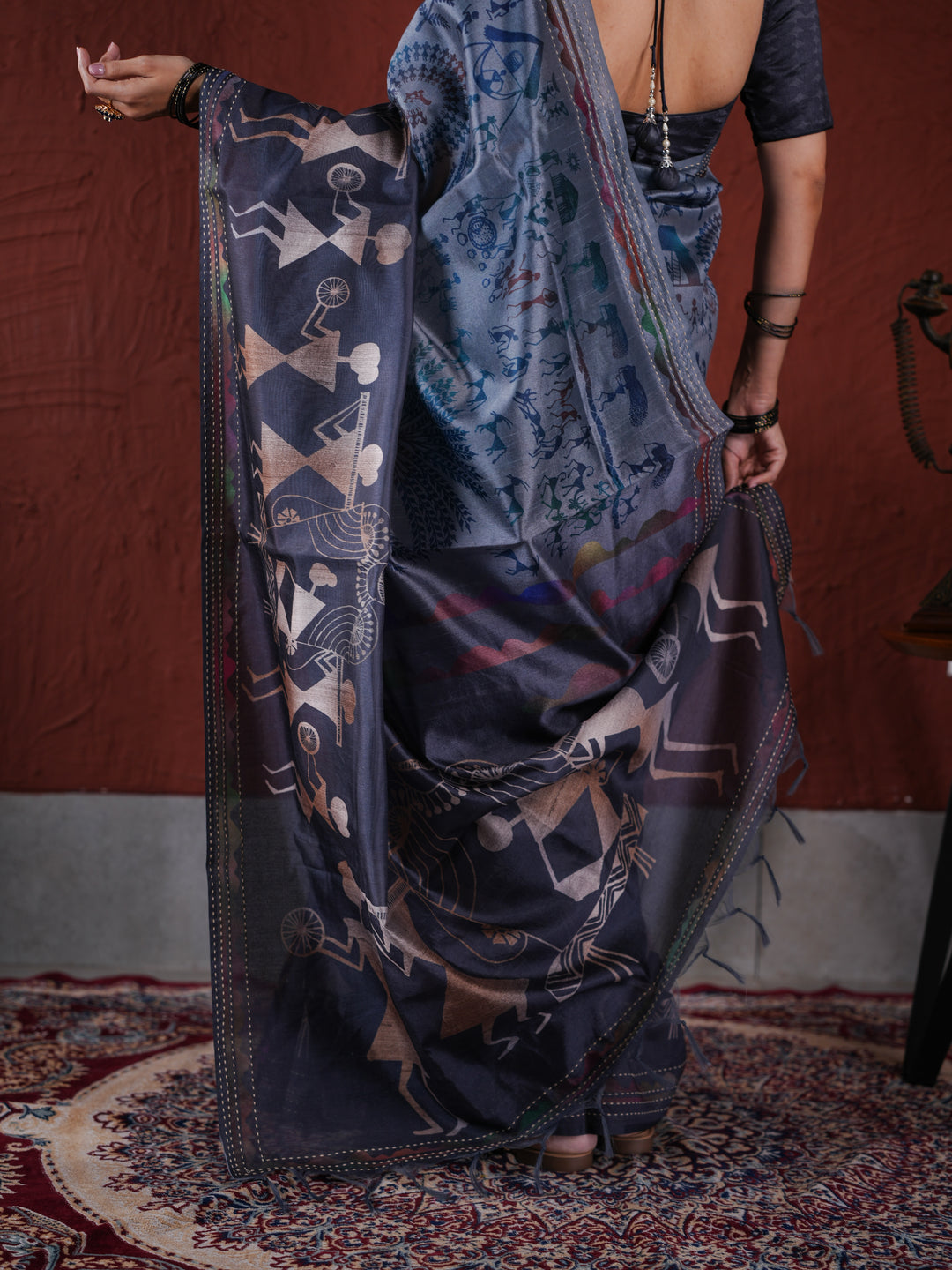 Charcoal Grey PV Cotton Khadi Saree with Traditional Warli Prints Unstitched Blouse