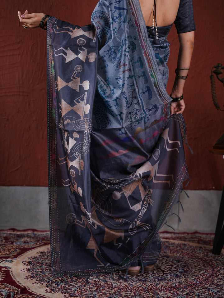 Charcoal Grey PV Cotton Khadi Saree with Traditional Warli Prints Unstitched Blouse