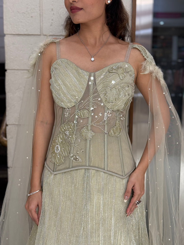 Champagne Gold Designer Lehenga Set with Embroidered Corset Blouse & Sheer Cape Dupatta