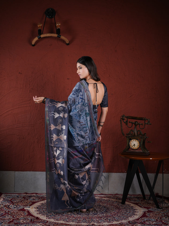 Charcoal Grey PV Cotton Khadi Saree with Traditional Warli Prints Unstitched Blouse