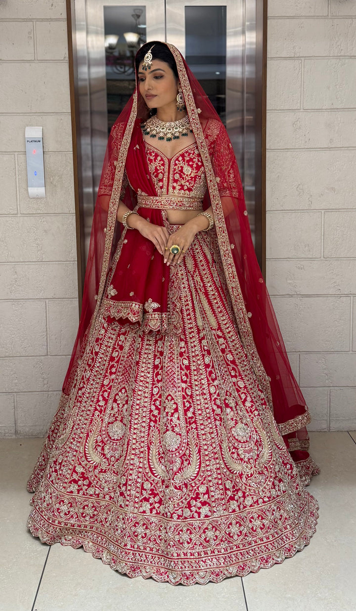 Regal Red Heavy Zardozi Bridal Lehenga with Hand-Embroidered Blouse & Double Dupatta