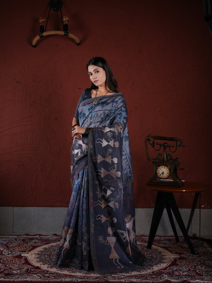 Charcoal Grey PV Cotton Khadi Saree with Traditional Warli Prints Unstitched Blouse