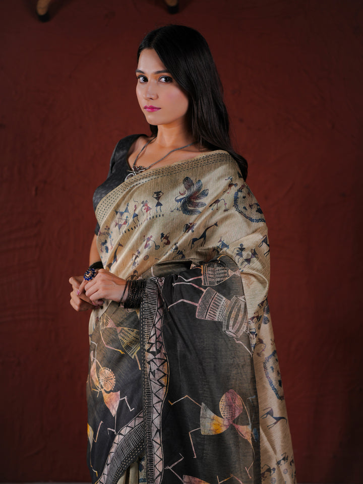 Ethnic Warli Print Saree in Khadi Style PV Cotton with Unstitched Blouse
