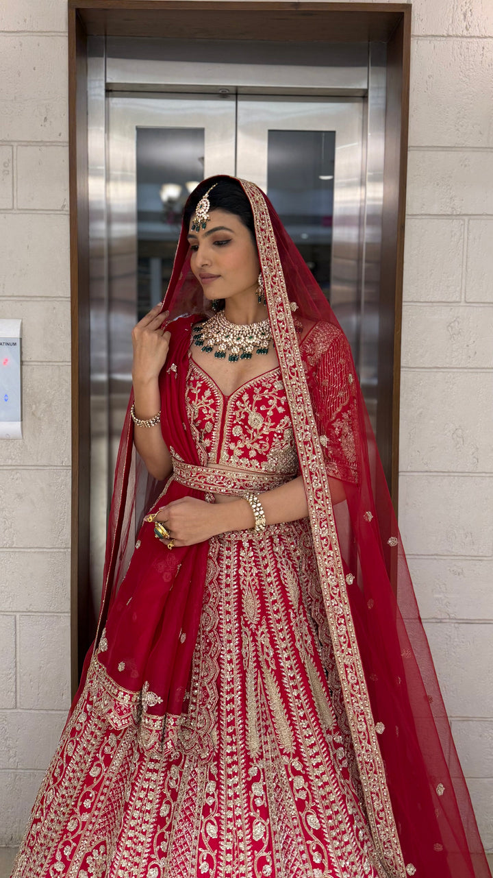 Regal Red Heavy Zardozi Bridal Lehenga with Hand-Embroidered Blouse & Double Dupatta