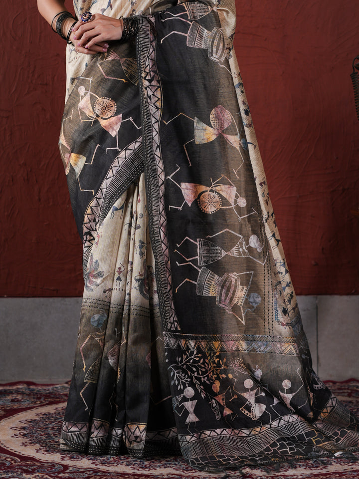 Ethnic Warli Print Saree in Khadi Style PV Cotton with Unstitched Blouse