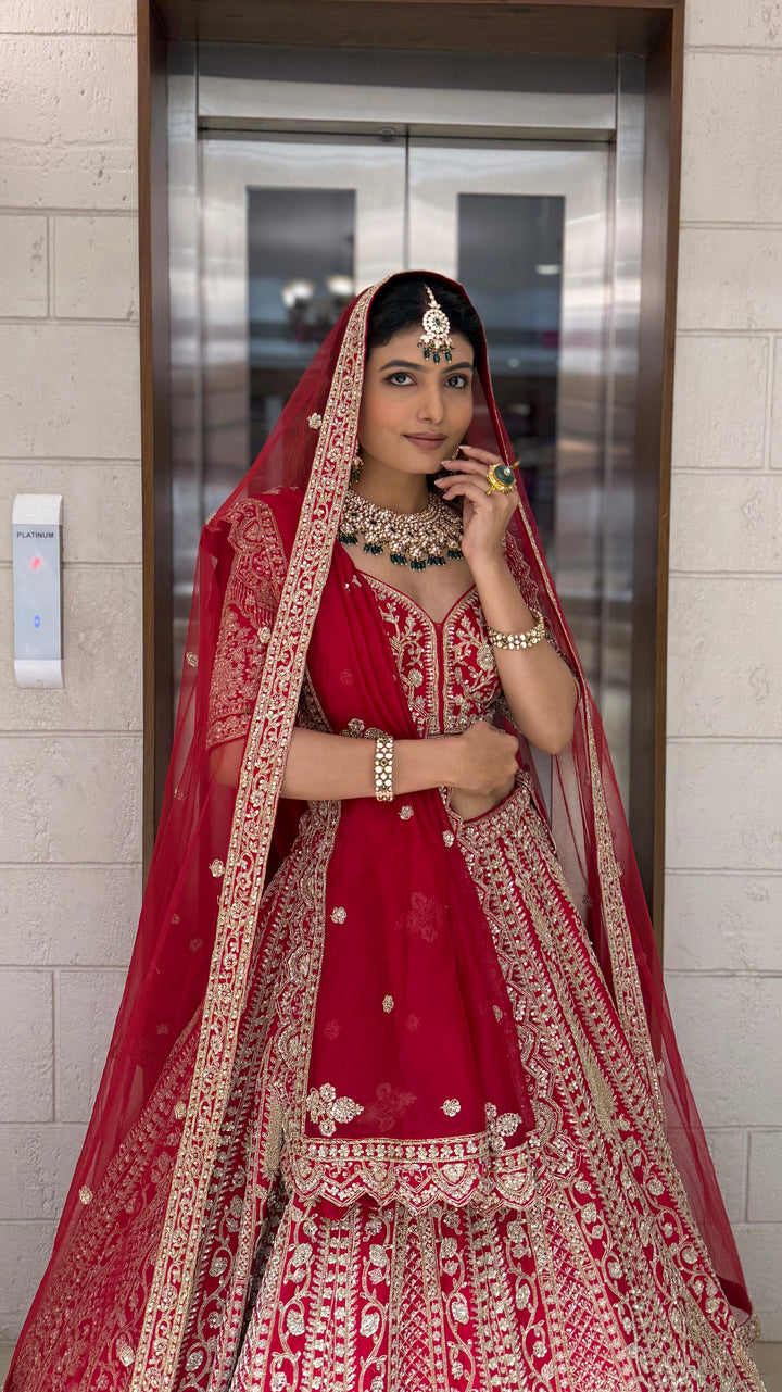 Regal Red Heavy Zardozi Bridal Lehenga with Hand-Embroidered Blouse & Double Dupatta