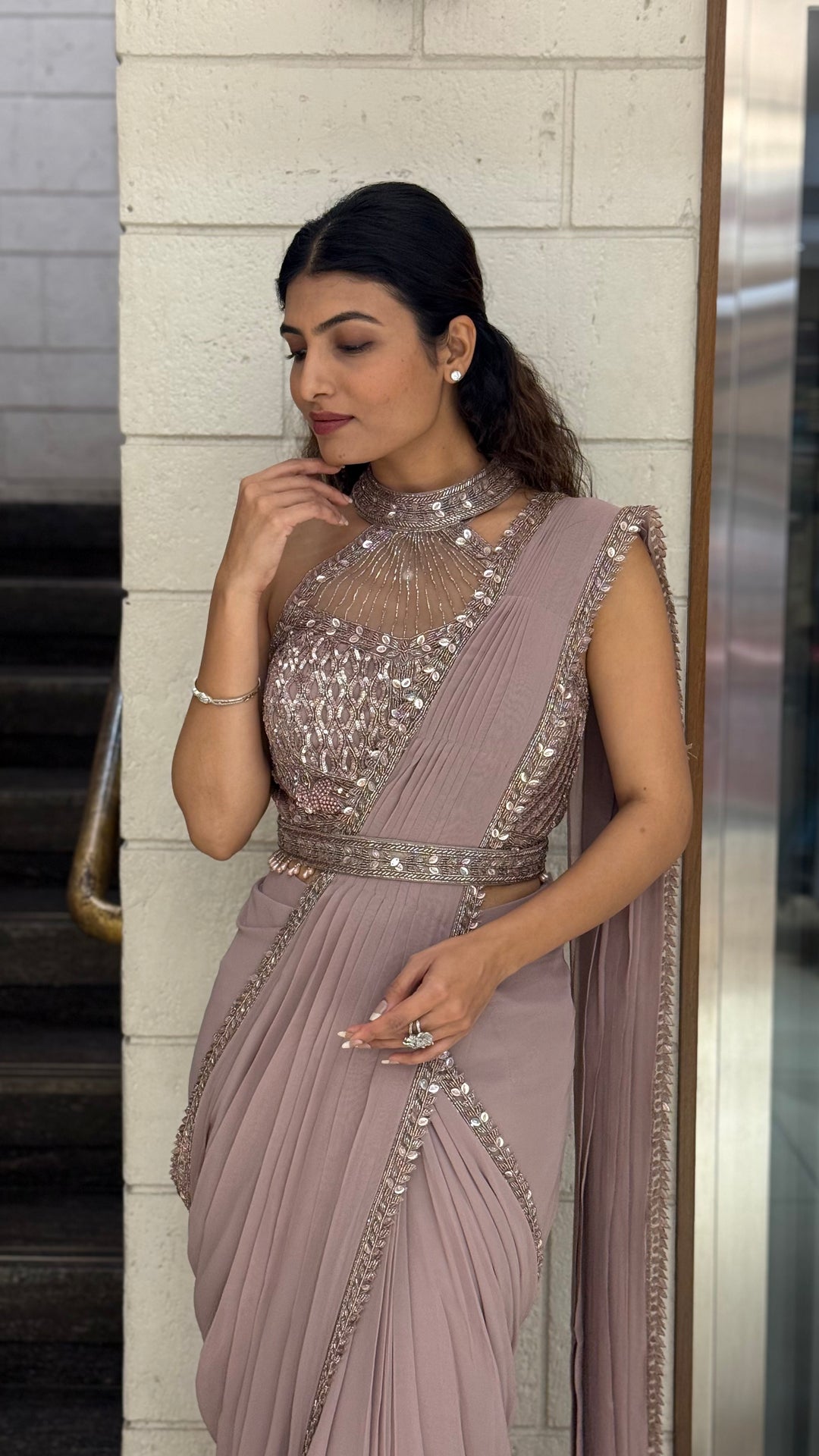 Elegant Mauve Designer Ready-to-Wear Saree with Embellished Blouse