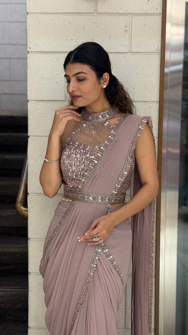 Elegant Mauve Designer Ready-to-Wear Saree with Embellished Blouse