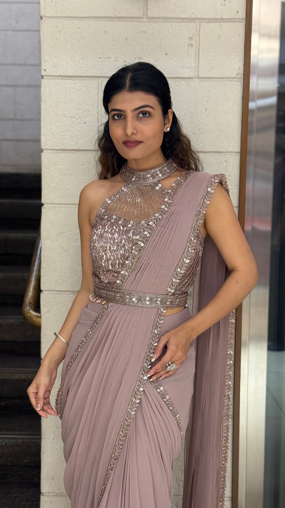 Elegant Mauve Designer Ready-to-Wear Saree with Embellished Blouse