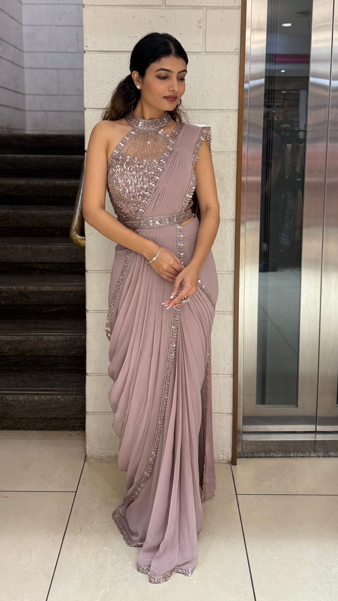 Elegant Mauve Designer Ready-to-Wear Saree with Embellished Blouse