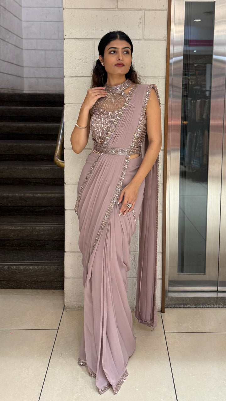 Elegant Mauve Designer Ready-to-Wear Saree with Embellished Blouse
