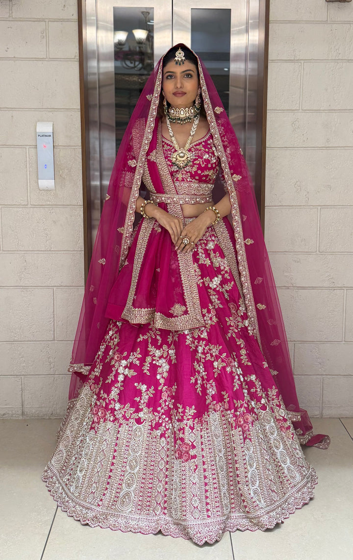 Hot Pink Heavy Hand-Embroidered Bridal Lehenga with Double Dupatta