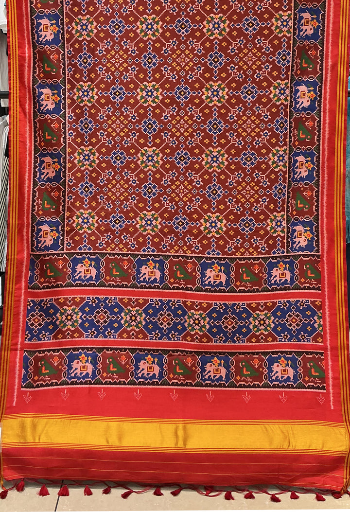 Patan Patola Inspired Rust Red Saree with Kunjar (Elephant) Motifs & Traditional Borders P160