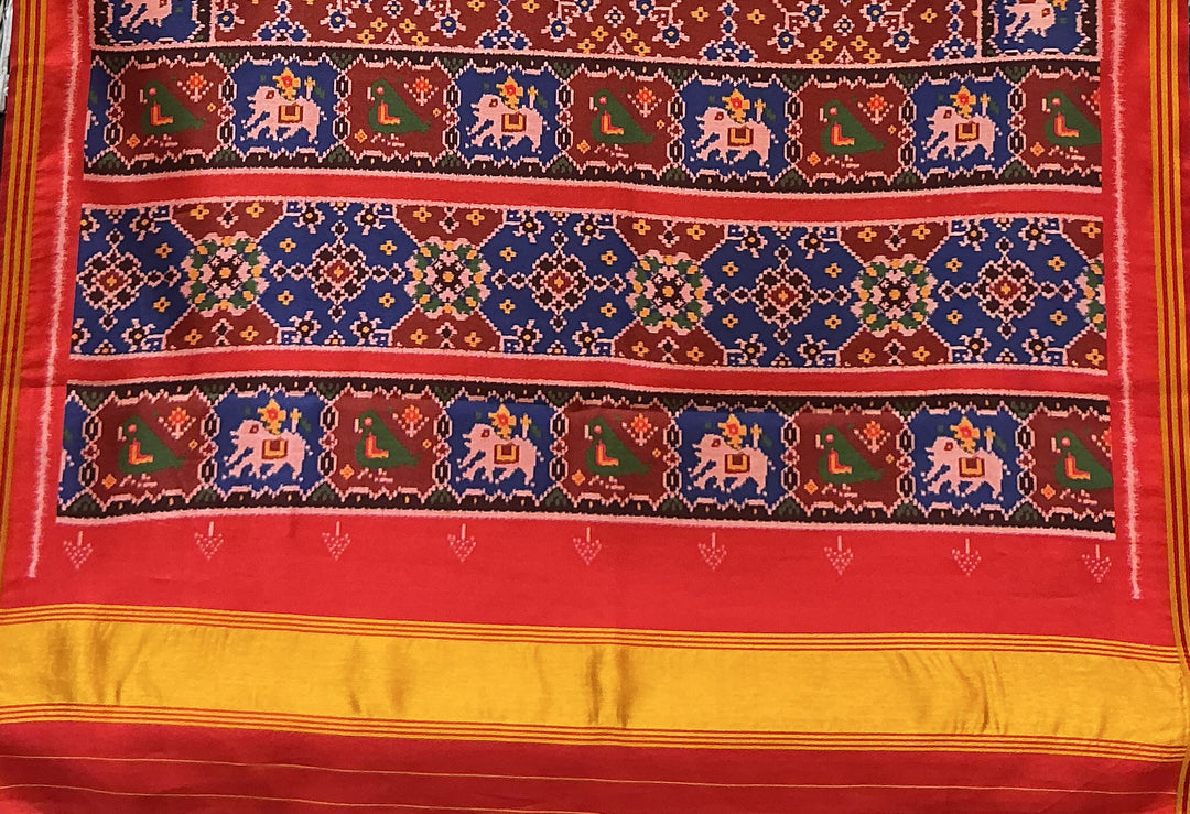 Patan Patola Inspired Rust Red Saree with Kunjar (Elephant) Motifs & Traditional Borders P160
