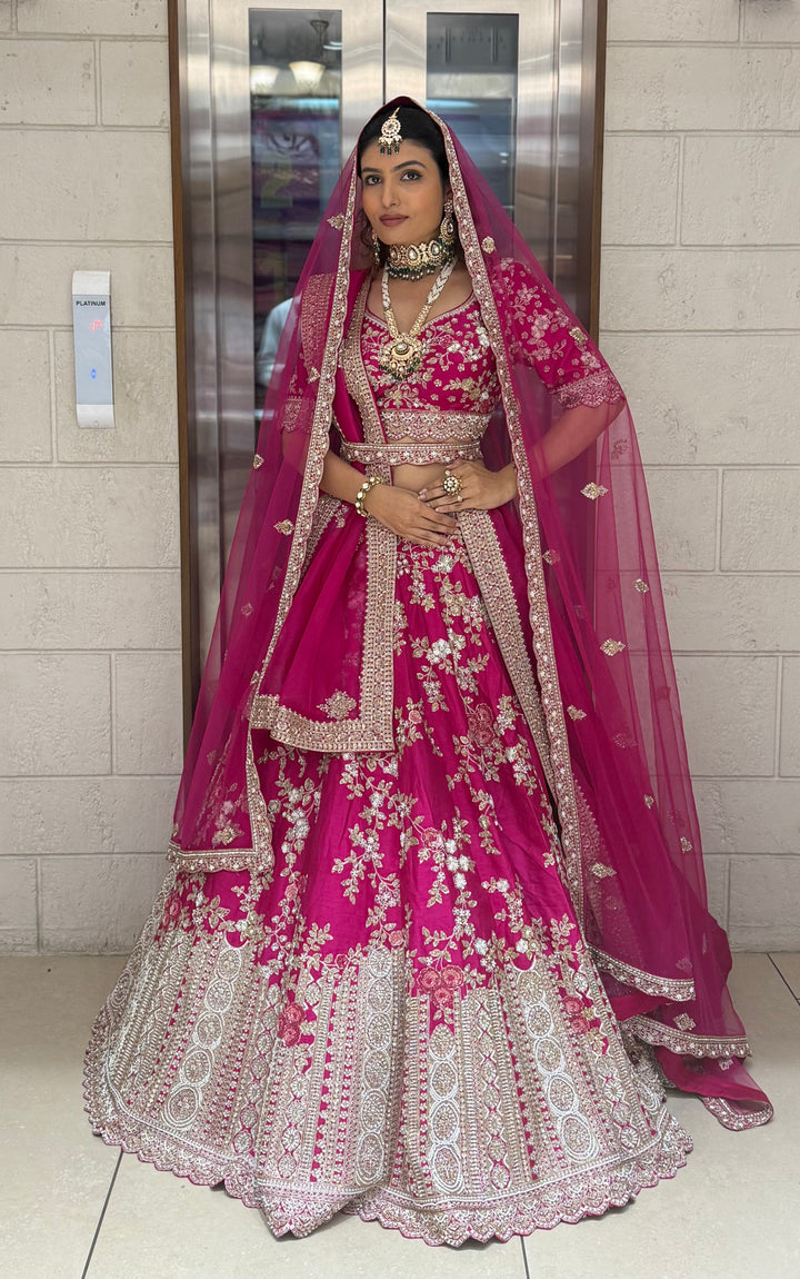 Hot Pink Heavy Hand-Embroidered Bridal Lehenga with Double Dupatta