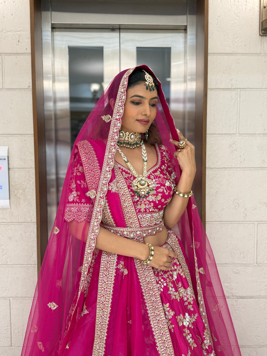 Hot Pink Heavy Hand-Embroidered Bridal Lehenga with Double Dupatta